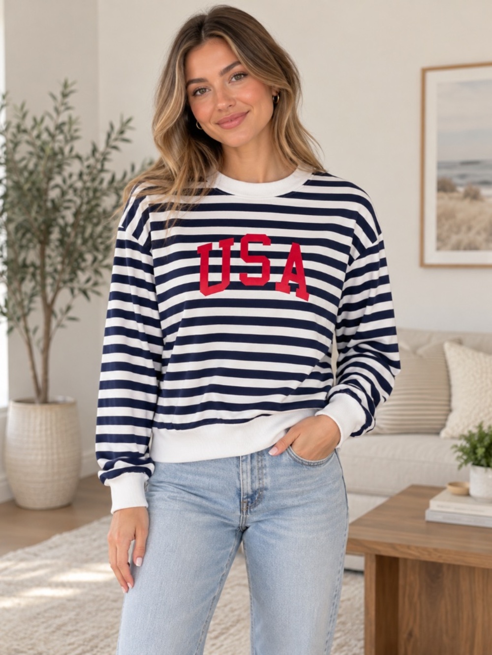 Beach Riot USA Striped Sweatshirt Womens M Navy White Red Americana Preppy